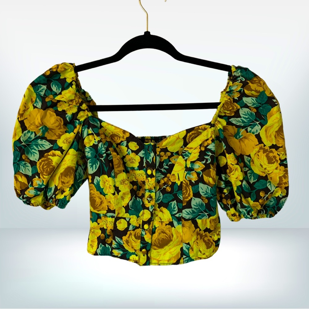 Laura Ashley x Urban Outfitters Yellow Floral Smocked Summer Crop Top, size XS